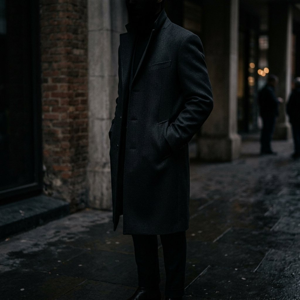 Faceless figure in quiet luxury dark wool coat